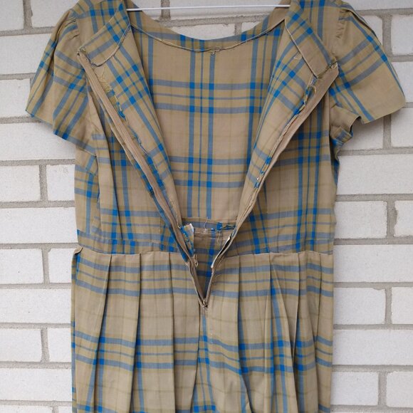 Vintage 50s Rockabilly Dress 41" Bust 33" Waist Khaki Blue Plaid Lightweight - Picture 11 of 12